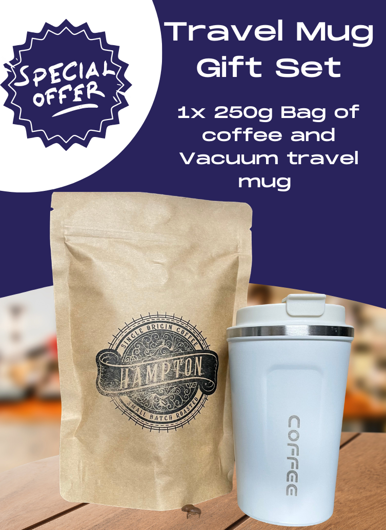 Vacuum travel mug (white) and 250g Colombian Gift Set